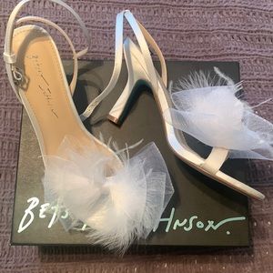 Ivory Lylla Betsy Johnson kitten heels with feather bows and turquoise bottoms
